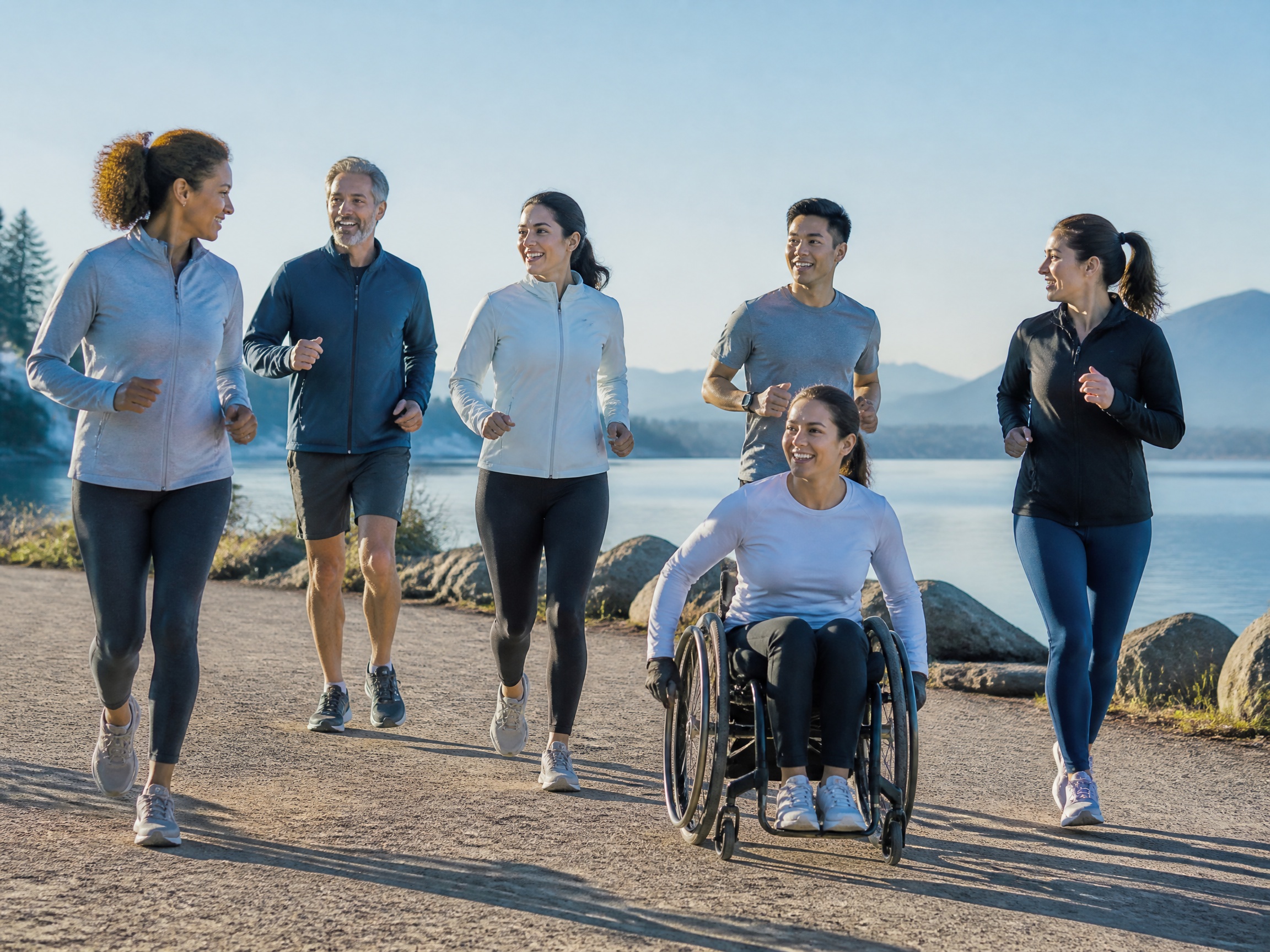 Inclusive Blue Oxygen walking and running group by the water